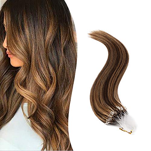SEGO Micro Loop Human Hair Extensions Cold Fusion Micro Bead Hair Extensions Nano Rings Beads Stick Tipped Blonde Real Hair Extensions 50g 100 Strands 14inch 4P27# Medium brown and dark blonde