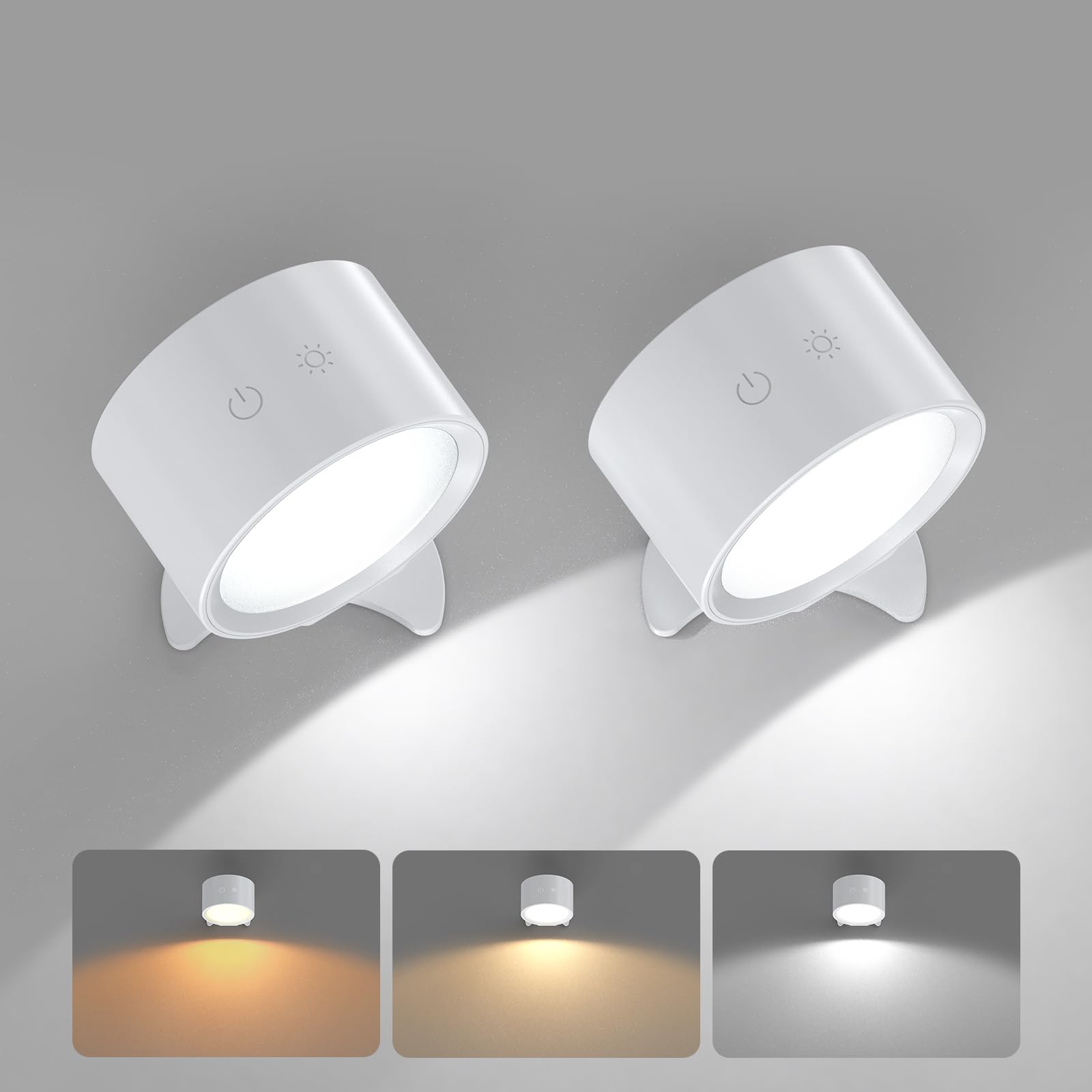 Smiling Shark Wireless Rechargeable Wall Lights 2 Pack, LED Battery Powered Wall Lights Indoor Dimmable 360° Rotate Magnetic Self Adhesive Wall Lamps no Drilling for Bedroom Bedside, White