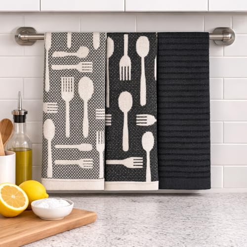Image of Set of 3 Kitchen Towels, Ultra-Absorbent Cotton Hand Towels, 18 x 28 Inch Vintage Modern Black & White Cutlery Pattern Dish Towel Oeko-TEX Certified