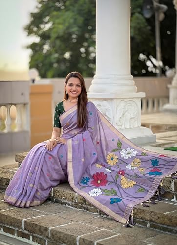 Image of SGF11 Women's Soft Cotton Linen Silk Saree With Blouse Piece