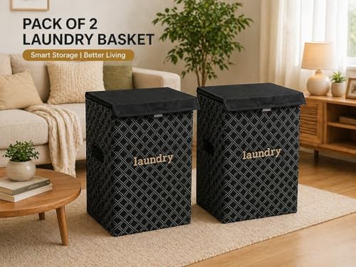 Image of QUAIL 75L Foldable Laundry Basket with Lid for Clothes | Laundry Storage Bin with Handles | Waterproof, Collapsible Laundry Hamper for Bedroom, Bathroom & Home Use (Set of 2, Black Pattern Design)