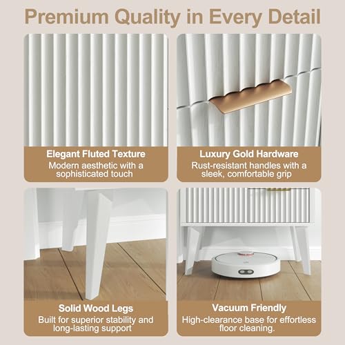 Image of White Bathroom Floor Cabinet with 3 Fluted Drawers & Door, Modern Storage Sideboard with Open Shelf, Coffee Bar Station for Living Room, Entryway, 23.6 x 11.8 x 34.6 Inches
