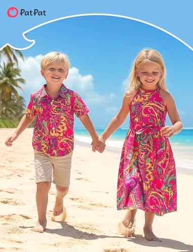 Image of PATPAT Family Hawaiian Matching Outfits - Mommy and Me Vacation Outfits | Halter Sundresses and Button Down Shirts,Caribbean Vacation Summer Tropical Outfits,Hawaiian Boho Tropical Floral Printed