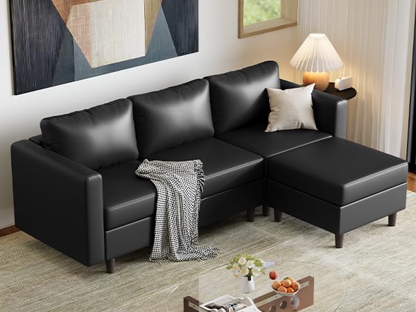 Image of ABCASA Faux Leather Modular Sectional Sofa, 91.5 inch L Shaped Couch Set for Living Room, 3-Seater Comfy Cloud Couches with Movable Storage Ottoman,DIY Combination - Black