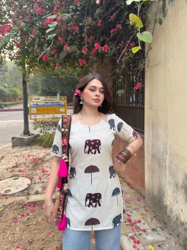 Image of ANNI Designer Short Kurti for Women Viscose Printed Straight Ethnic Top | Stylish Kurti Tops with Jeans Styling | Casual Office Wear | Traditional Indian Outfit for Woman