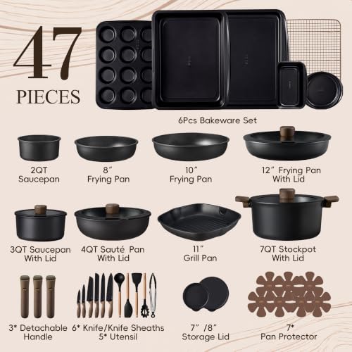 Image of CAROTE 47pcs Pots and Pans Set Non Stick, Detachable Handle Cookware Set | Baking Pans Set, Knife Set, Induction Compatible, Dishwasher & Oven Safe, Space Saving, Camping Cooking, Kitchen Set, Black