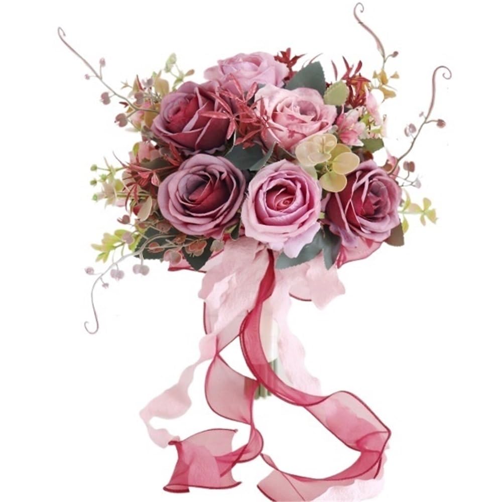 HUFFA Artificial Rose Wedding Bouquet - Handheld Floral Arrangement for Brides and Home Decoration(Pinkpurple)