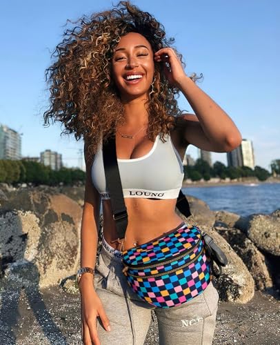 Image of Black and White Checkered Crossbody Bag Bum Bag for Women,Spacious Checkered Purse Fanny Packs Belt Bag