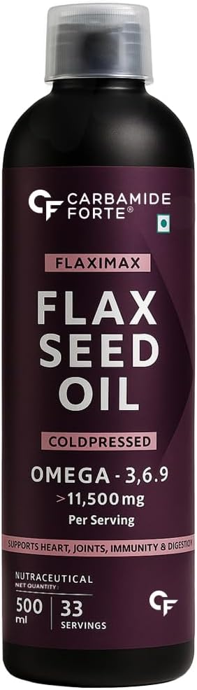 Carbamide Forte Cold Pressed Flaxseed Oil 500ml with 11500mg Omega 3 6 9 per Serving for Eating, Skin & Hair Growth - Vegetarian Oil
