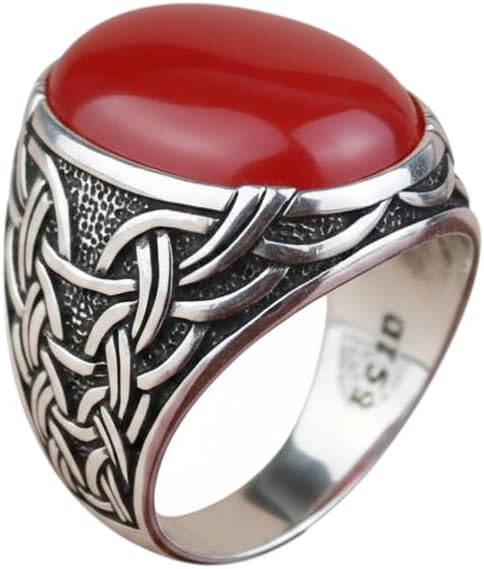 Men Handmade Red Jade Gemstone Ring, Oval Shape Jade Men Ring, Turkish Handmade Jewelry