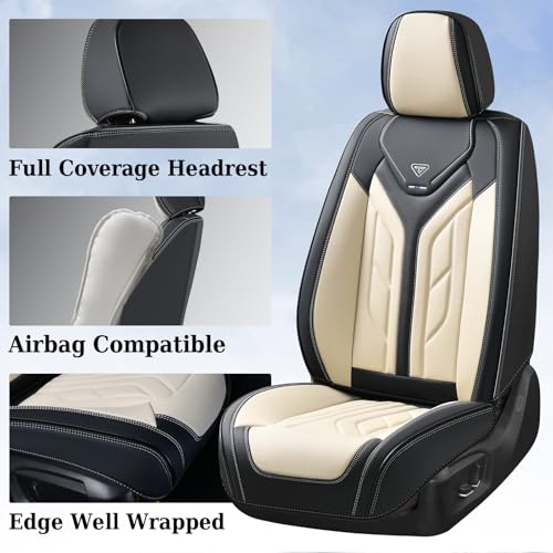 Image of Coverado Front Seat Covers, Car Seat Covers Front Seats, Leather Seat Covers for Cars, Automotive Seat Covers Car Seat Protector Car Accessories Fit for Most Sedans SUV Pick-up Truck(Black&Beige)