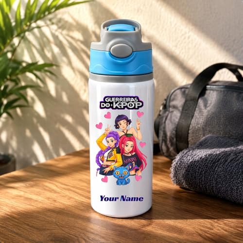 Image of KPOP Theme Personalized Name Printed Water Bottle for Kids 600ml | Aluminium Sipper Bottle | Custom Name Bottle for School | Birthday Return Gift for Boys N Girls | Rakhi Gift