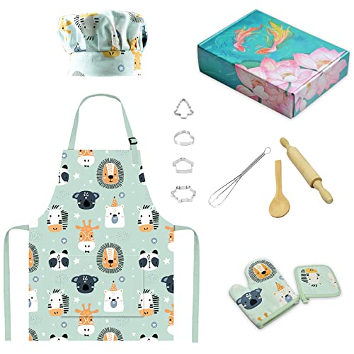 AUBEY 12 Stück Koch-und Backset für Kinder, Backset Kinder und Kinderschürze für 2~6 Jahren, Kinderkochset Chef…