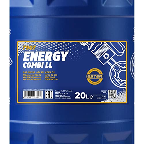 Image of MANNOL 7907 Energy Combi LL SAE 5W-30 (20L) API SN ACEA C3 MULTIGRADE BI-SYNTHETIC ENGINE OIL FOR PETROL AND DIESEL ENGINES OF CARS IMPORTED FROM GERMANY 20L