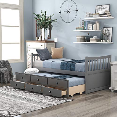 Rhomtree Twin Captains Bed with Trundle and Drawers Wood Daybed with Storage Drawers, Twin Daybed Sofa Bed Frame for Bedroom, Guest Room, Living Room (Grey)
