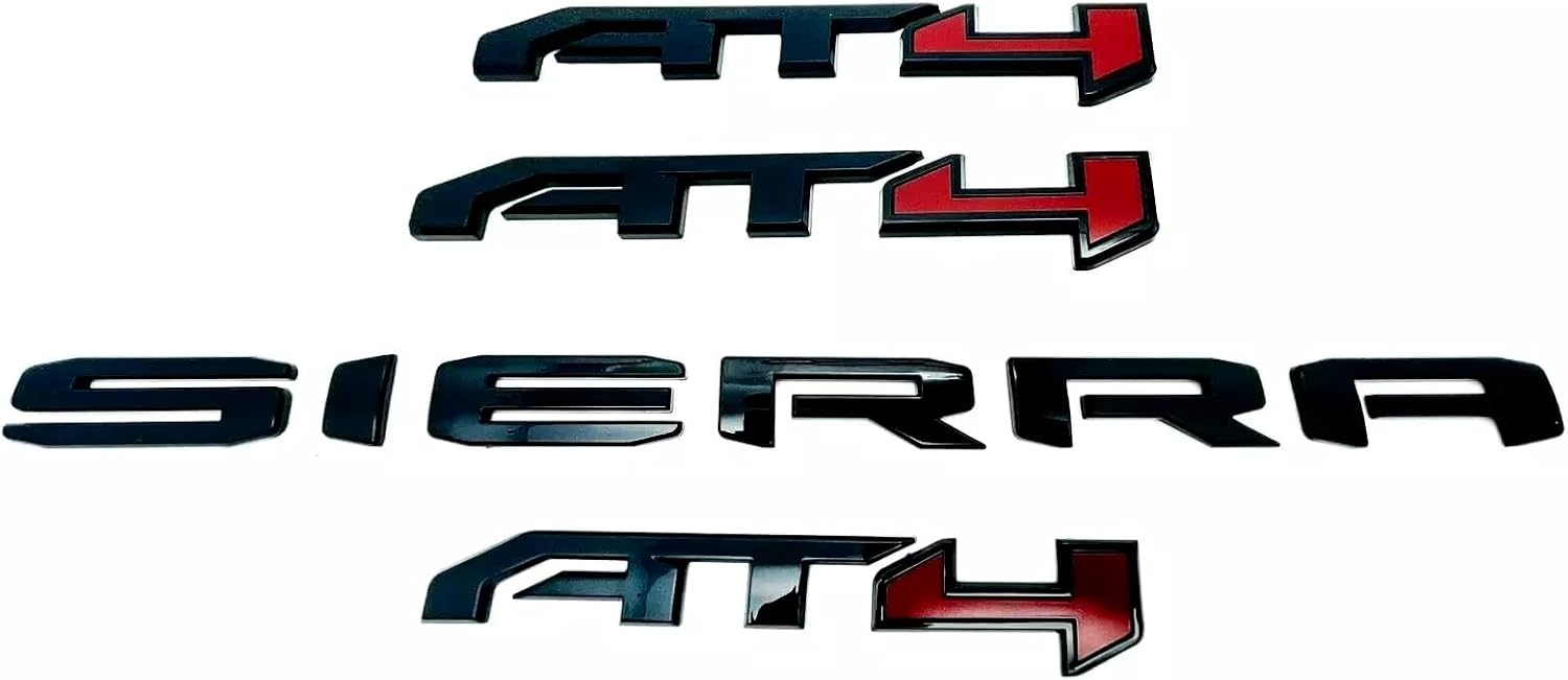Side Door Rear Letter Emblem Badge Nameplate Replacement for 2019-2024 AT4 Sierra 4PCS (Gloss Black Red)