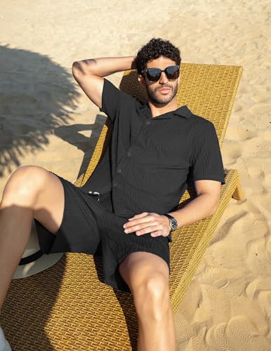Image of ZAFUL Men's 2 Pieces Sets Outfits Summer Beach Set Short Sleeve Button Down Zip Up Shirt And Short Sets