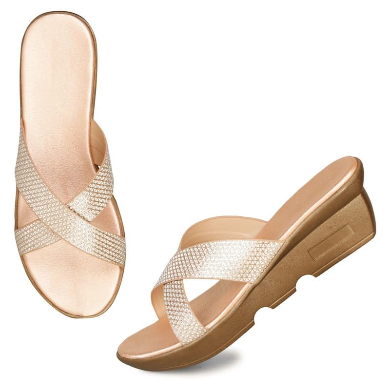 Stepee Casual Open Back Slip on Open Toe Cross Strap Casual Womens Rose gold Wedges Sandal (B0D5WDJGWD) Amazon Price History, Amazon Price Tracker