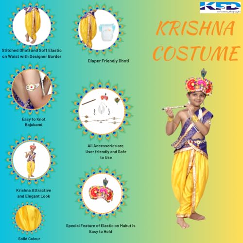 Image of Kaku Fancy Dresses Krishna Costume With Dhoti For Boy /Janmashtami /Bal Gopal Dress /Kanha Costume /Bal Krishna /Mythological Costume For Boy - Yellow-Red, 1-2 Years
