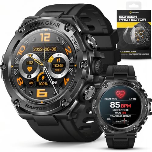 ALPHAGEAR Raptor PRO Smartwatch for Men Tactical Military Smart Watch 800mAh 21-Day Battery Bluetooth Calling Voice Assistant IP68 + 5ATM Water Resistant for Android iPhone