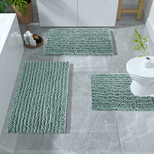 Yimobra 3 Stück Shaggy Chenille Badematten Sets Badteppiche 24x17 + Badteppiche 31,5x19,8 + WC-U-Form Konturmatte 24,4x20,4, weich, wasserabsorbierend, rutschfest, maschinenwaschbar, grau-grün Cover