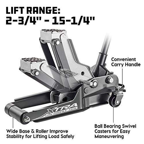 Image of Powerbuilt Xtra Low Profile Floor Vehicle Jack with Safety Bar, Extra Low Car Jack - 2 Ton Load Capacity 620479E, Silver