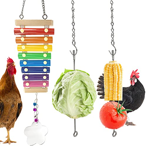 Vehomy 3 Packs Chicken Coop Toys- Chicken Xylophone Toy with Chicken Mirror and Small Bells for Hens, 2Pcs Chicken Vegetable Hanging Feeder Toy Chicken Veggies Skewer Fruit Holder