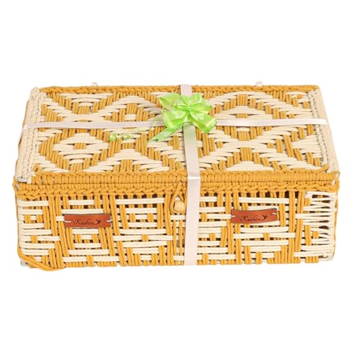 Image of Kaahira Handmade Decorative Storage Box and Organiser | Macrame Gift Hamper Box for Cosmetics, Toiletries & Return Gifts | Aesthetic Rope Woven Organizer (Yellow and White, Large - 14x10x4 inches)