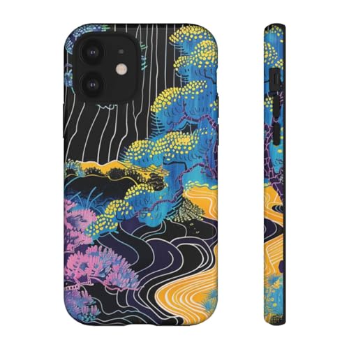 Coque iPhone 12 rigide brillante au motif rivière bleu abstrait