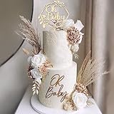 Boho Wood Oh Baby Cake Topper Artificial Rose Flowers Cake Topper Decorations Baby Shower Party Supp