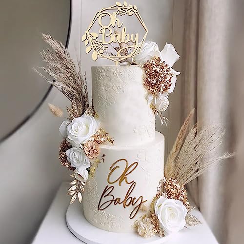 Boho Wood Oh Baby Cake Topper Artificial Rose Flowers Cake Topper Decorations Baby Shower Party Supplies For Baby Shower Wedding Birthday Newborn Gender Reveal Cake Decorations #TOP14