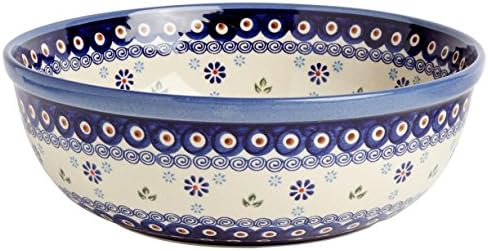 Polish Pottery Blue Peacock Feathers Jumbo Large Serving Bowl, Handmade Ceramic, 11"L x 11"W x 4"H (104 Ounce)