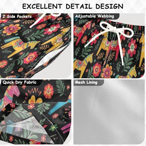 Swim Shorts for Boys, Toddler Trunks 2t, Colorful Folk Art Horses Vibrant Floral3