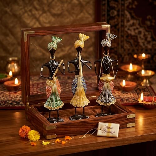 Image of Musical Sardar Set of 3 Handcrafted Rajasthani Musician Figurines, Black Metal Table Decor Showpiece for Office Desk, Corporate Bulk Gifting and Home Ornament (34H cm)