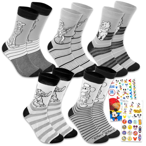 Disney Crew Socks for Men - Bundle with 5 Pairs of Crew Socks Size 10-13 Featuring Stitch, Mickey Mouse, Toy Story, More Plus Stickers Gift Set for Men, Teens