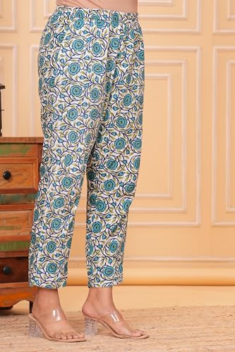 Image of Women's Indigo Blue Printed Anarkali Kurta with Palazzo Set, Long Sleeve V-Neck Ethnic Wear (IN, Alpha, L, Regular, White)