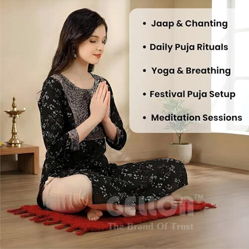 Image of Gellon Traditional Cotton Prayer Mat for Puja, Red Asan for Prayer, Sitting, Meditation, Small Carpet Mat Rug for Floor in 24 x24 Inch in Red Color