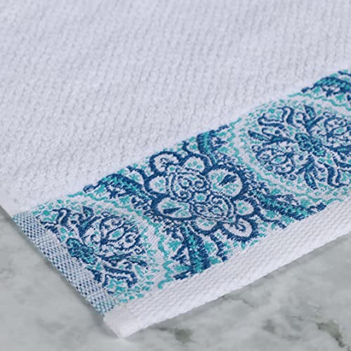 Superior Medallion 100% Turkish Cotton 530 Gsm Highly Absorbent 3-Piece Towel Set, Jacquard Towels, Decorative Design, 1 Bath, 1 Hand, And 1 Face Towel For Guest Or Master Bathroom, White/Aqua #TOP2