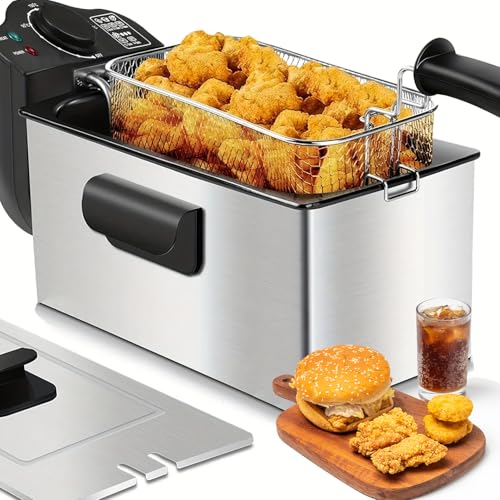 MZBDYYF Electric Deep Fryer Stainless Steel with Triple Baskets, Lid, Adjustable Temp & Timer, 3.2 Qt/3 L Capacity, View Window, For Fried Chicken, French Fries