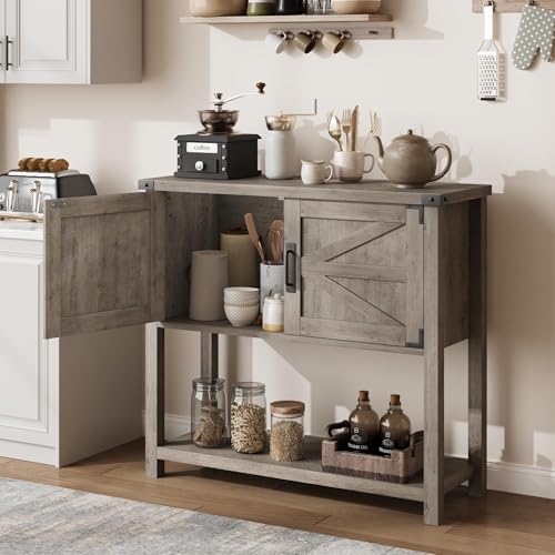 GarveeHome Farmhouse Entryway Table with 2-Door, Wood Console Table with Storage, Coffee Bar Cabinet, Sofa Tables Buffet Sideboard for Kitchen, Hallway, Dining, Living Room-Grey