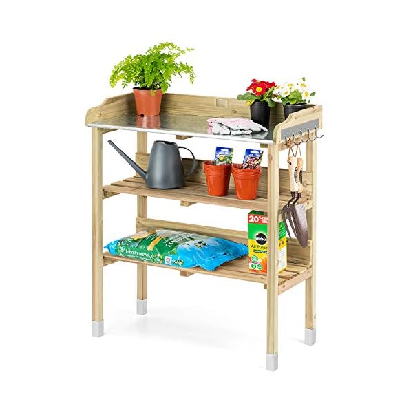 CHRISTOW Potting Table Bench With Hooks & Shelves, Wooden Outdoor Garden Table For Potting Plants, Galvanised Metal Top, H89cm x W76.5cm x D37cm