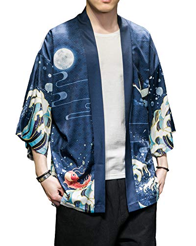 Image of Men's Japanese Kimono Robe Jacket Lightweight 3 /4 Sleeve Open Front Yukata | Silky Smooth Fashion Print Happi Coat Lightweight Breathable Loose Unisex Haori Casual Summer Cardigan Daily Beach Vacation