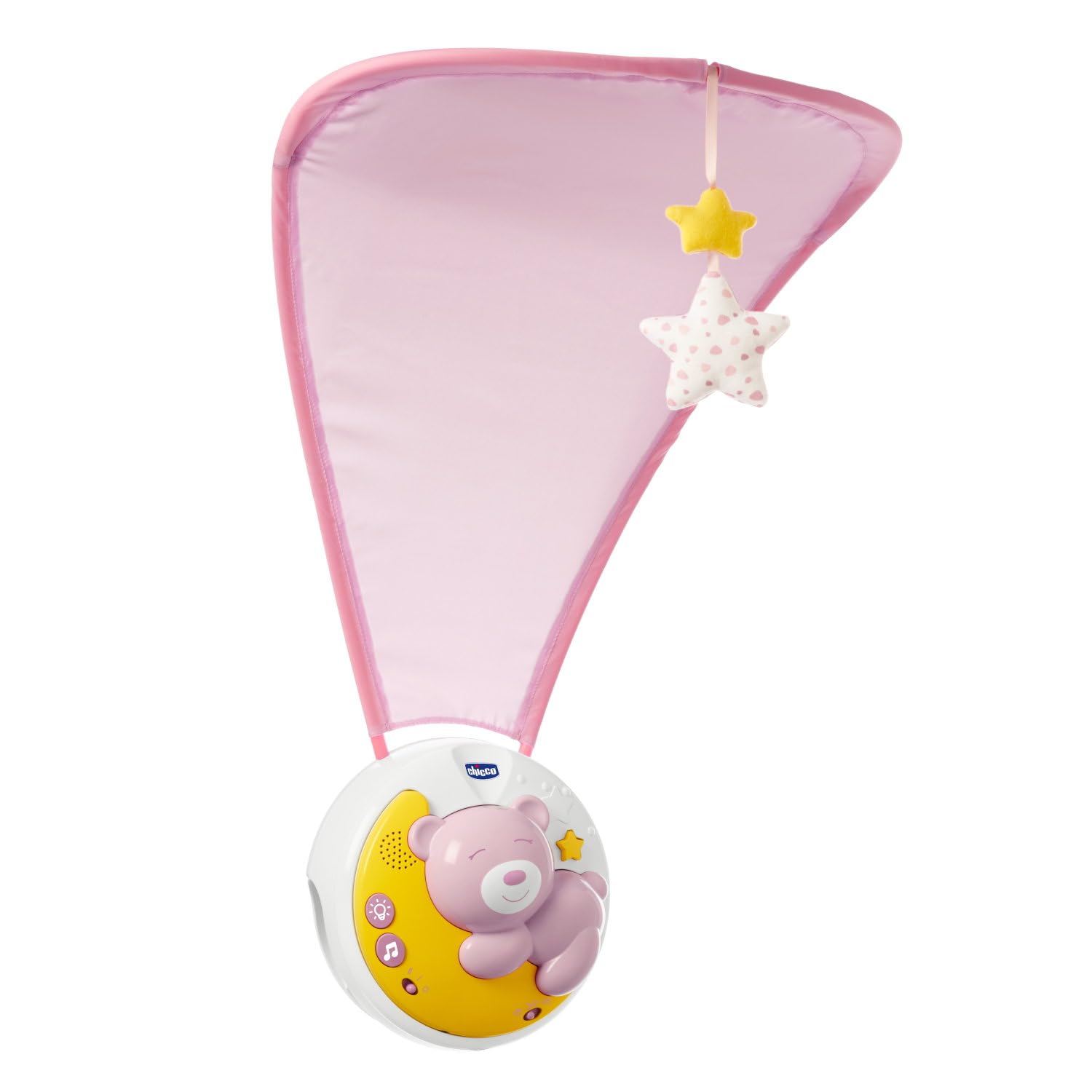 Chicco Carillon Proiettore Next2Moon, Giostrina Proiettore Culla e Tavolo, Proiezione Narrativa Colorata, Melodie e Suoni Rilassanti, Pendenti in Tessuto, Sistema di Aggancio Modulare, Rosa, 0 Mesi+