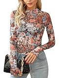 Ugerlov Womens Lace Long Sleeve Mesh Top Floral Mock Neck See Through Going Out Top with Thumb Hole Party Outfits Shirts,A Floral Fierce S
