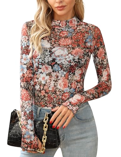 Ugerlov Womens Lace Long Sleeve Mesh Top Floral Mock Neck See Through Going Out Top with Thumb Hole Party Outfits Shirts
