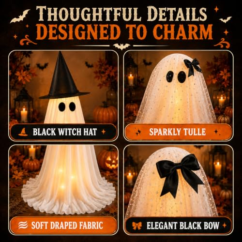 Twinkling Ghost Halloween Decor, 2 Pack Witch Hat and Bow Ghost Couple - image 7