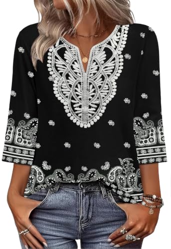 Image of WIHOLL 3 /4 Length Sleeve Womens Tops Boho V Neck Lace Shirt Trendy Blouses Dressy Casual Vacation Clothes S-3XL