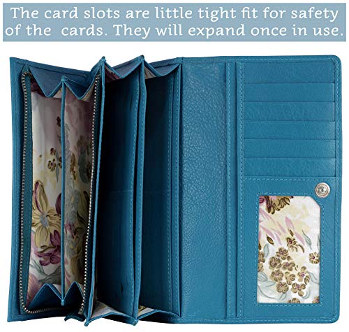 Image of Women's Top Grain Leather Wallet, RFID Blocking Bifold clutch, 17 Card Slots, Zip Pocket Organizer, Elegant Gift for Women - Birthday, Valentine, Anniversary - TURQUOISE