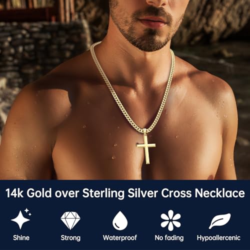14K Gold Plated Beveled Edge Cross Necklace for Men Women, 5mm Diamond Cut Gold over Sterling Silver Cuban Link Chain, Fashionable Men's Crucifix Pendant Chain Necklaces 16-30 Inches3