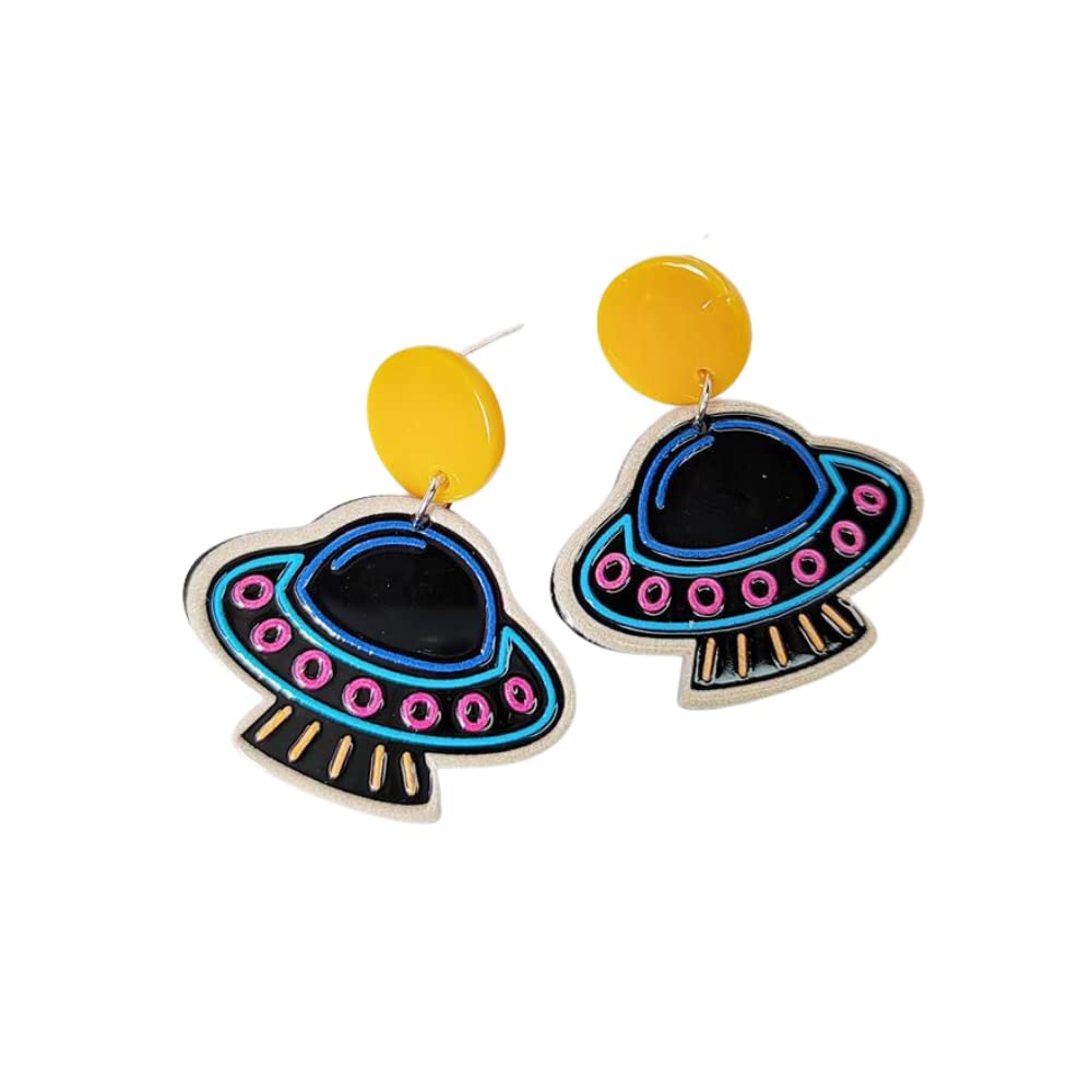 Cartoon Acrylic Space Earrings Moon Rocket UFO Planet Earrings Lovely Black Embossed Print Drop Earrings for Women Girls